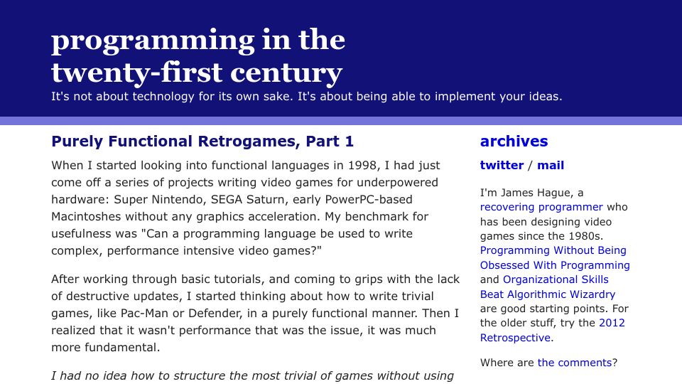 Screenshot of prog21.dadgum.com: Is it possible to write games like Pac-Man in a functional language? (2008)