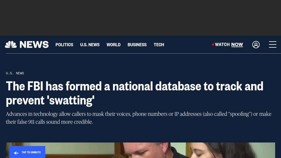 Screenshot of nbcnews.com: The FBI Has Formed a National Database to Track and Prevent “Swatting”