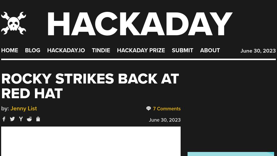 Screenshot of hackaday.com: Rocky strikes back at Red Hat