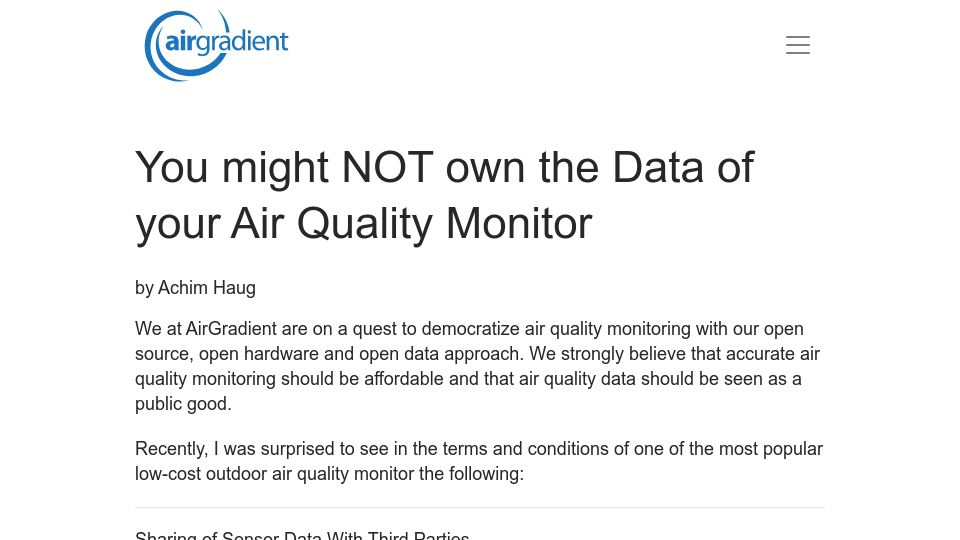 Screenshot of airgradient.com: You Might Not Own the Data of Your Air Quality Monitor