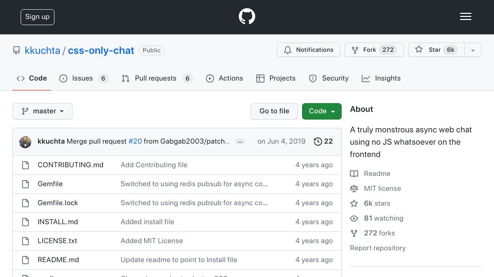 Screenshot of github.com: CSS-Only Chat