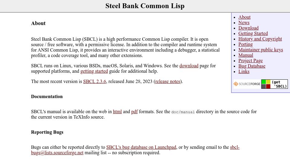 Screenshot of sbcl.org: Steel Bank Common Lisp