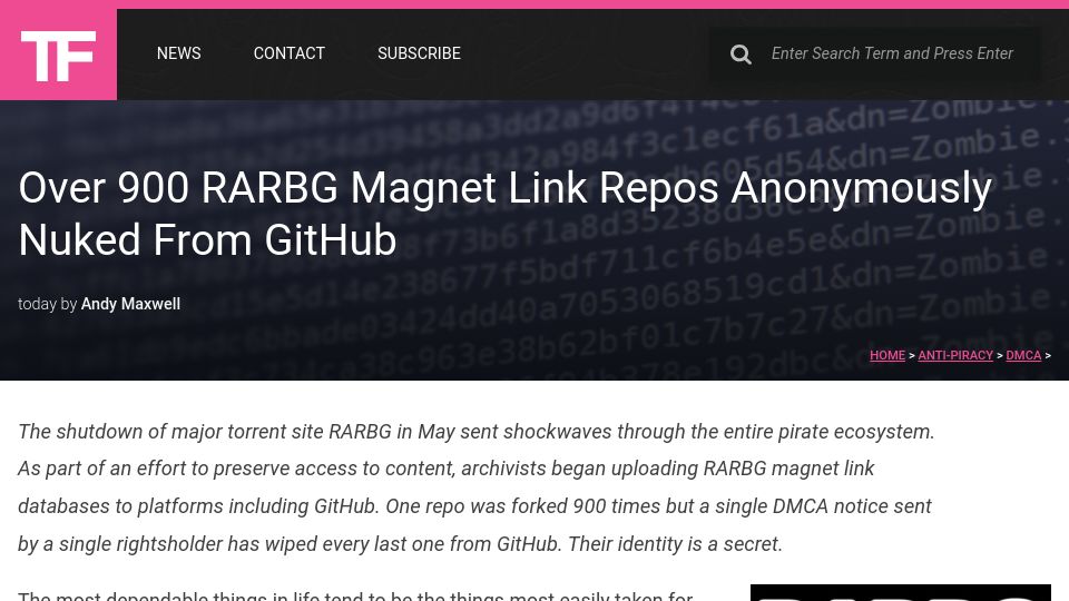 Screenshot of torrentfreak.com: Over 900 Rarbg Magnet Link Repos Anonymously Nuked from GitHub