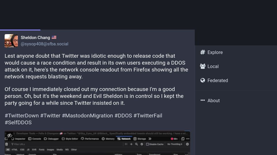 Screenshot of sfba.social: “It appears that Twitter is DDoSing itself”