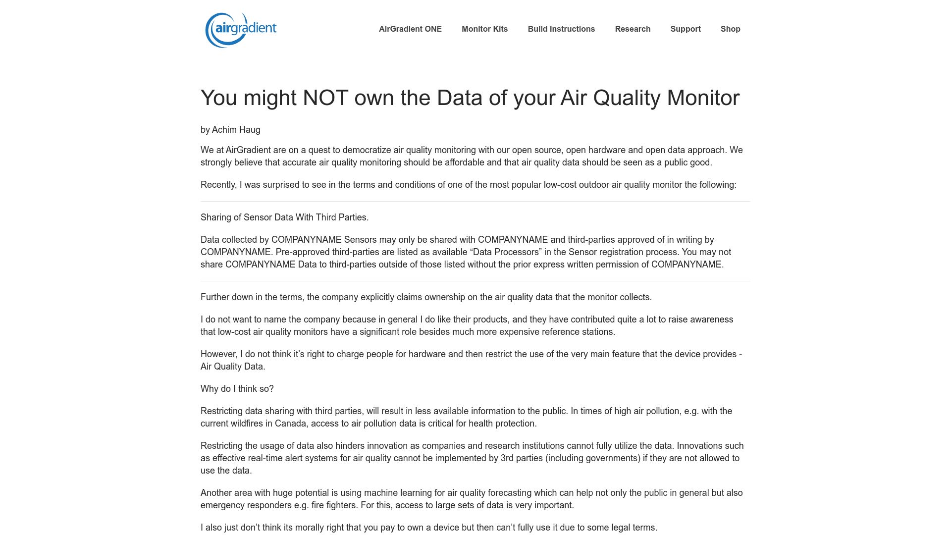 Screenshot of airgradient.com: You Might Not Own the Data of Your Air Quality Monitor