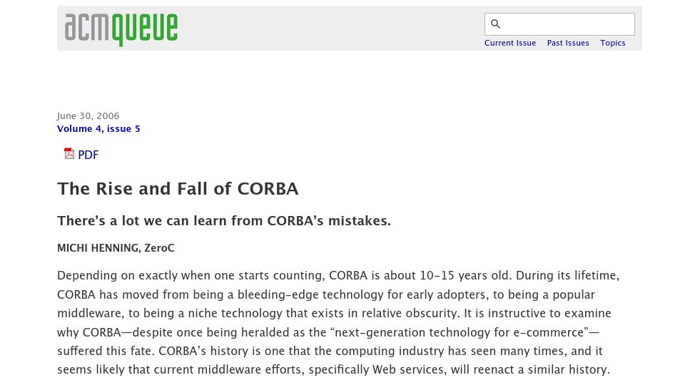 Screenshot of queue.acm.org: The Rise and Fall of CORBA (2006)