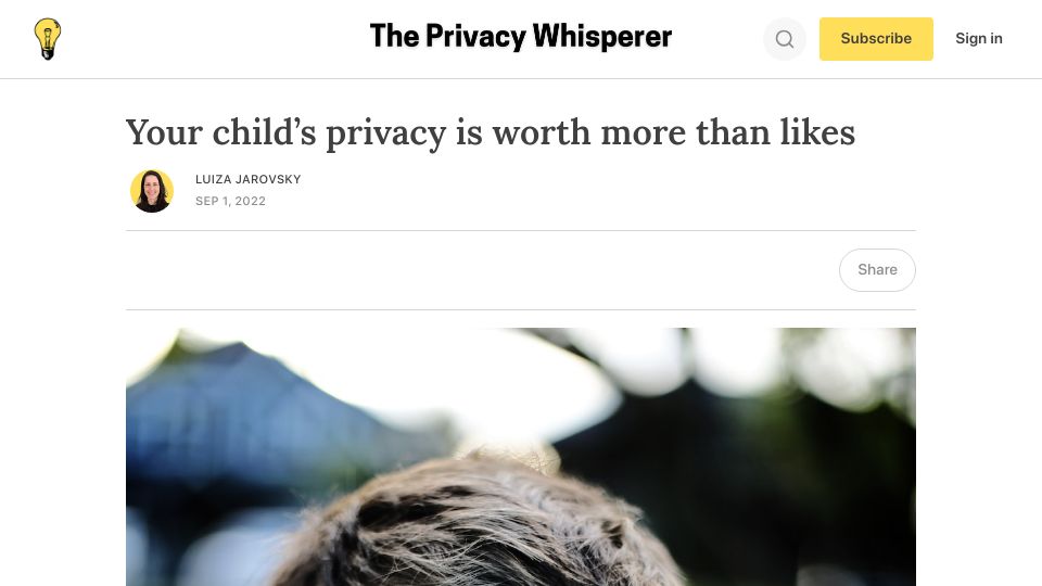 Screenshot of theprivacywhisperer.com: A child’s privacy is worth more than likes (2022)