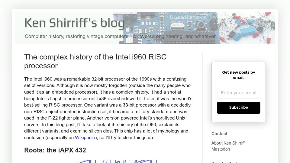 Screenshot of righto.com: The complex history of the Intel i960 RISC processor