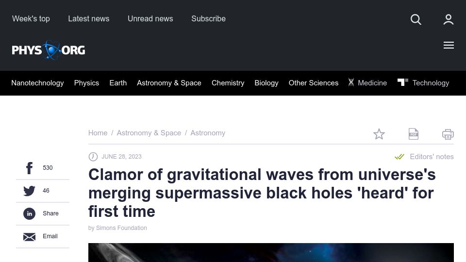 Screenshot of phys.org: Clamor of gravitational waves from merging black holes 'heard' for first time