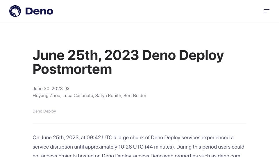 Screenshot of deno.com: June 25th, 2023 Deno Deploy Postmortem