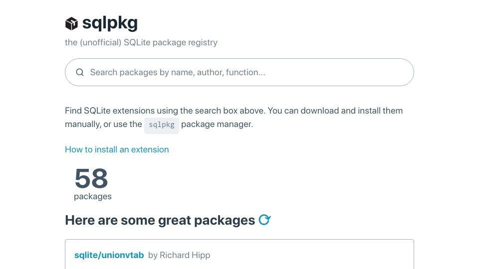 Screenshot of sqlpkg.org: Sqlpkg – SQLite Package Registry