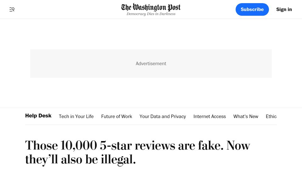 Screenshot of washingtonpost.com: Fake reviews are illegal and subject to big fines under new FTC rules