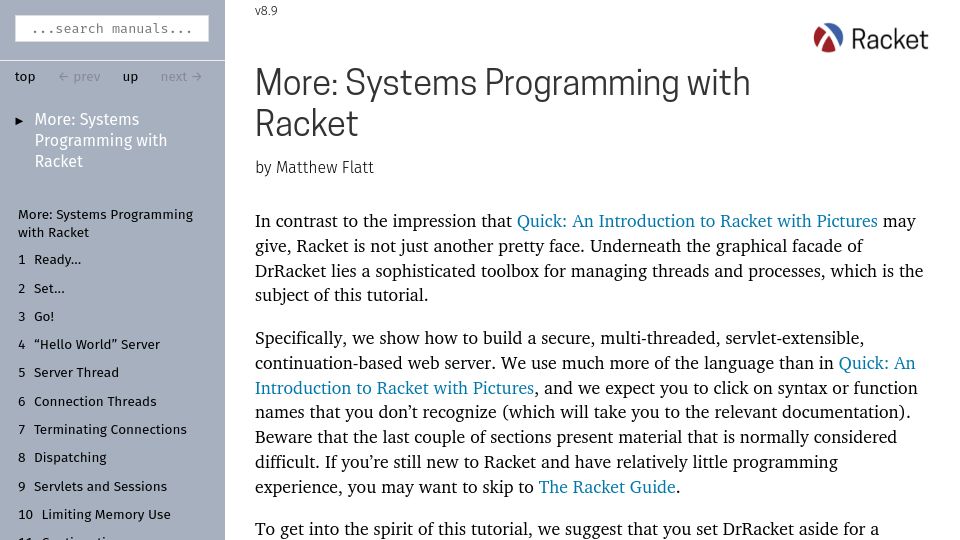 Screenshot of docs.racket-lang.org: Systems Programming with Racket