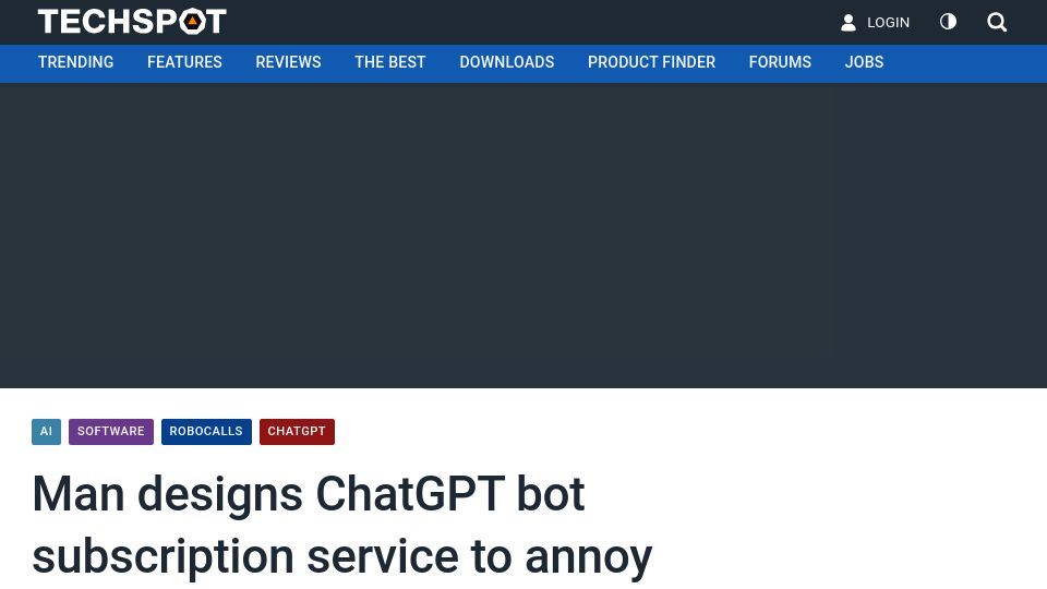 Screenshot of techspot.com: Man designs ChatGPT bot subscription service to annoy, waste telemarketers' time
