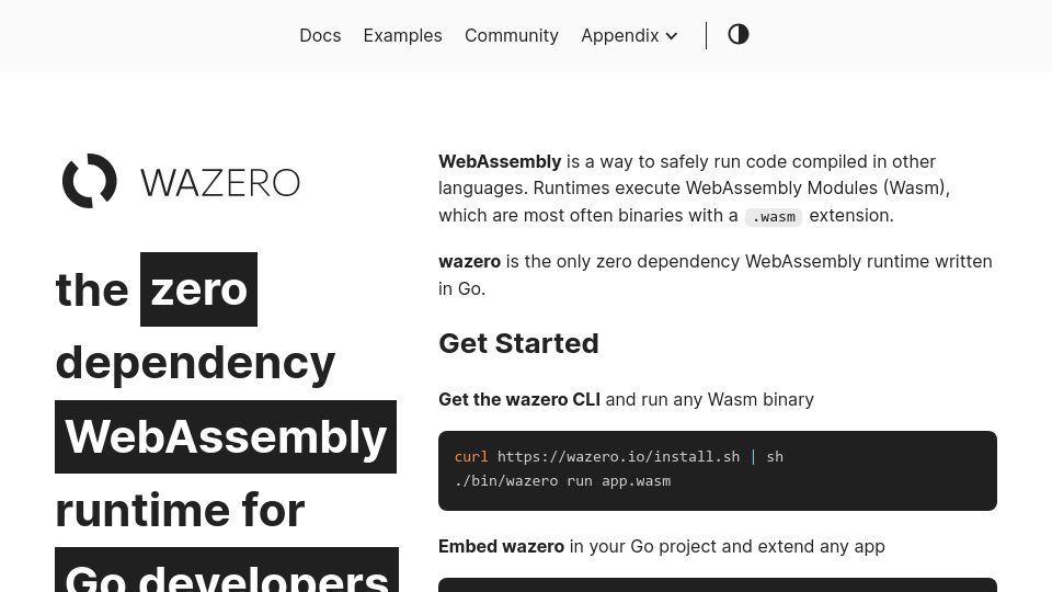 Screenshot of wazero.io: Wazero: Zero dependency WebAssembly runtime written in Go