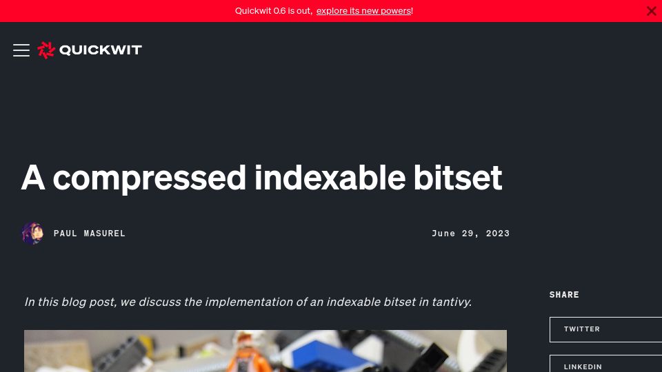Screenshot of quickwit.io: A compressed indexable bitset
