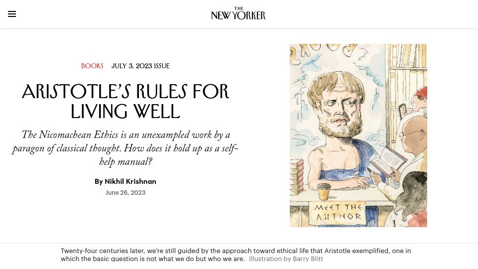 Screenshot of newyorker.com: Aristotle’s Rules for Living Well