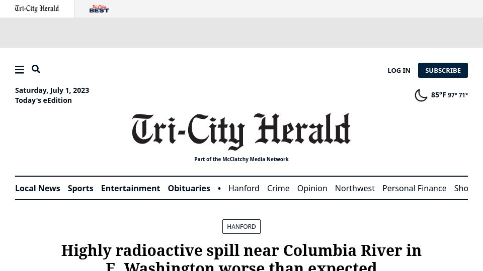 Screenshot of tri-cityherald.com: Radioactive spill near Richland WA worse than expected