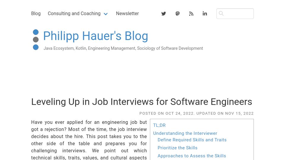 Screenshot of phauer.com: Leveling up in job interviews for software engineers (2022)