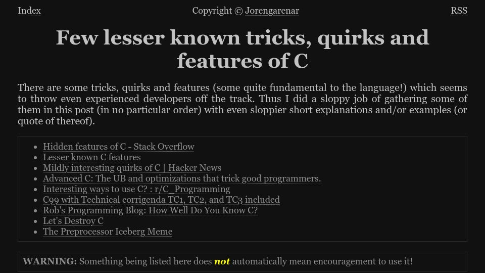 Screenshot of jorengarenar.github.io: Lesser known tricks, quirks and features of C