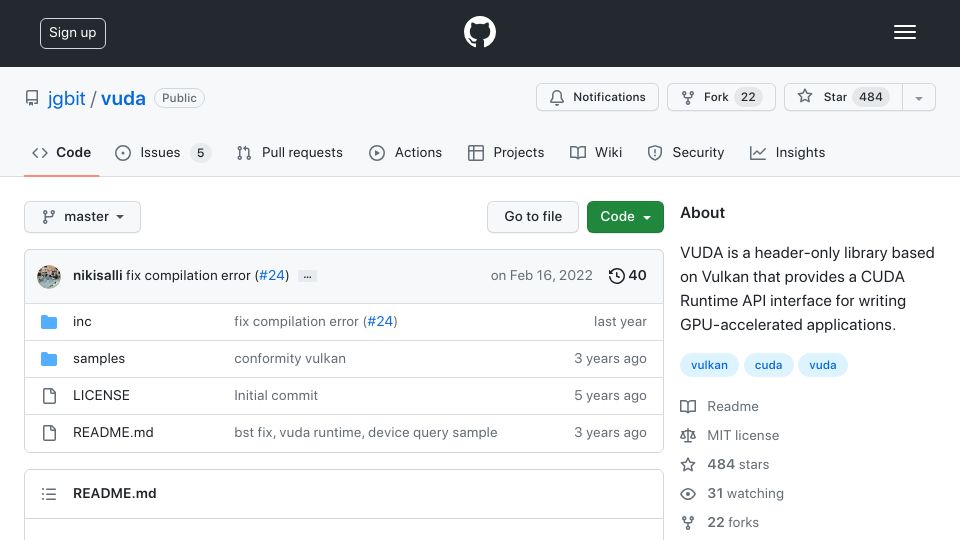 Screenshot of github.com: VUDA: A Vulkan Implementation of CUDA