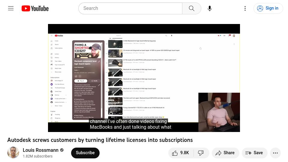 Screenshot of youtube.com: Louis Rossmann: Autodesk turns lifetime licenses into subscriptions [video]