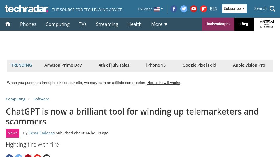 Screenshot of techradar.com: ChatGPT is now a brilliant tool for winding up telemarketers and scammers