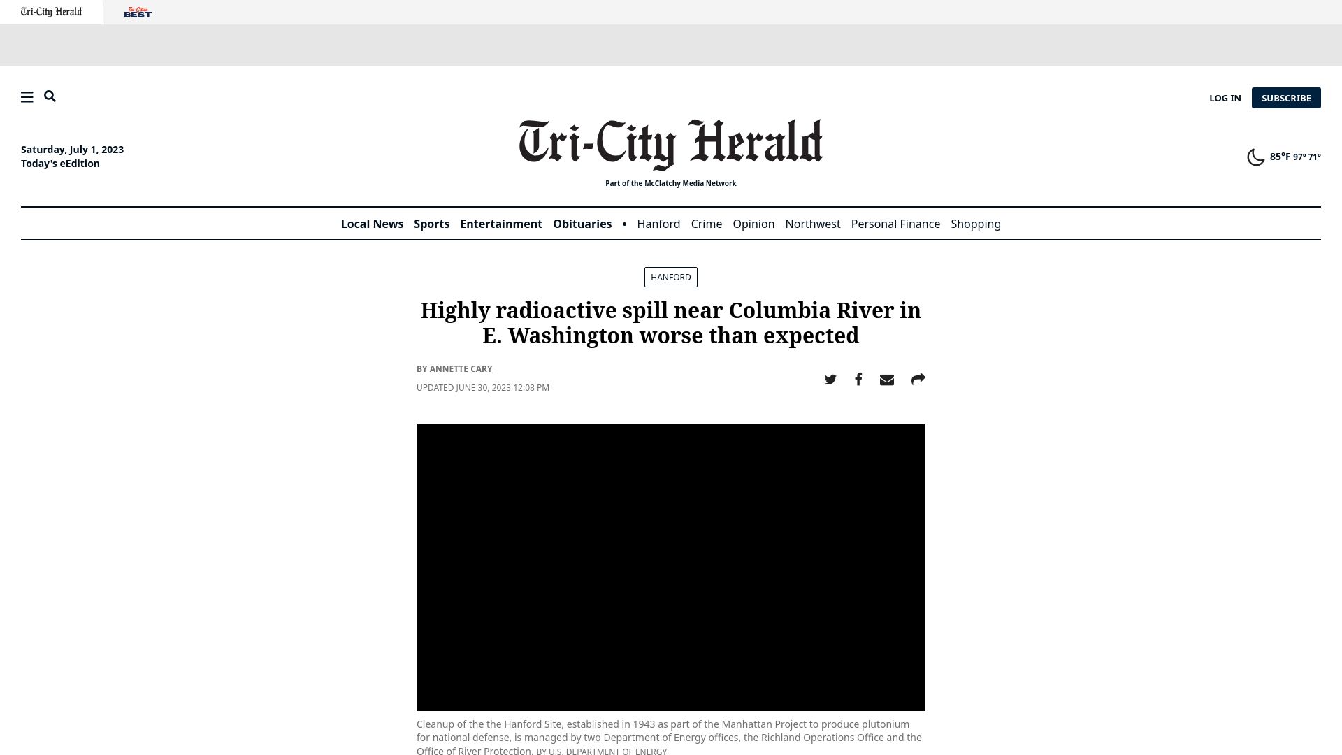 Screenshot of tri-cityherald.com: Radioactive spill near Richland WA worse than expected