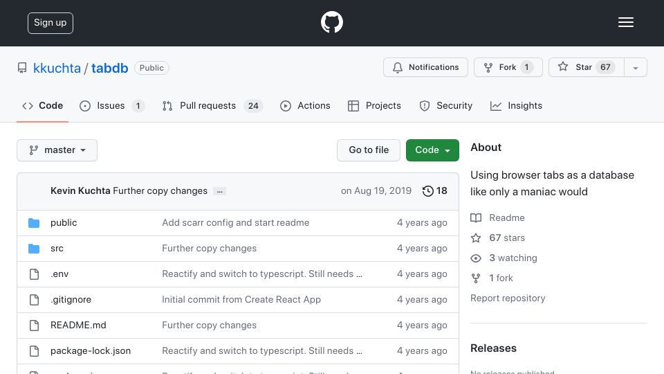 Screenshot of github.com: TabDB: Using browser tabs as a database like only a maniac would
