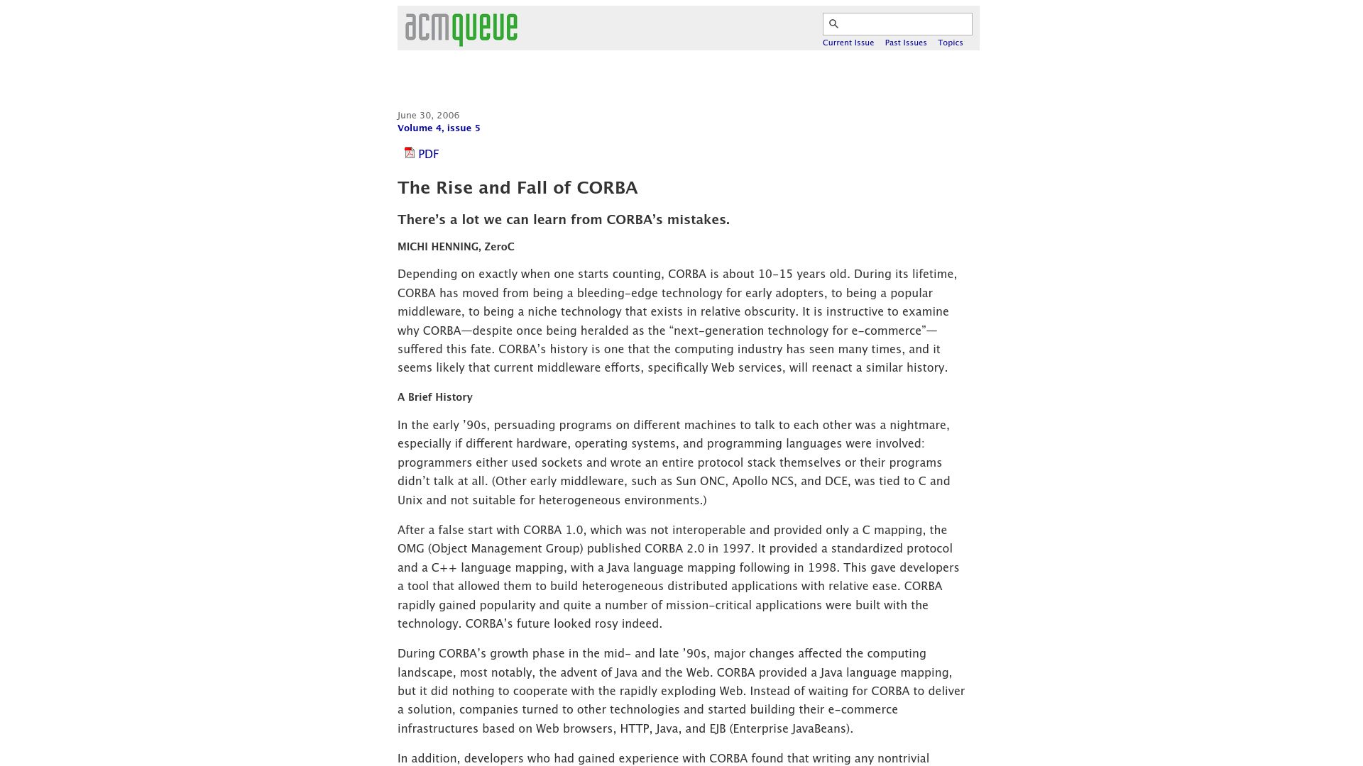 Screenshot of queue.acm.org: The Rise and Fall of CORBA (2006)