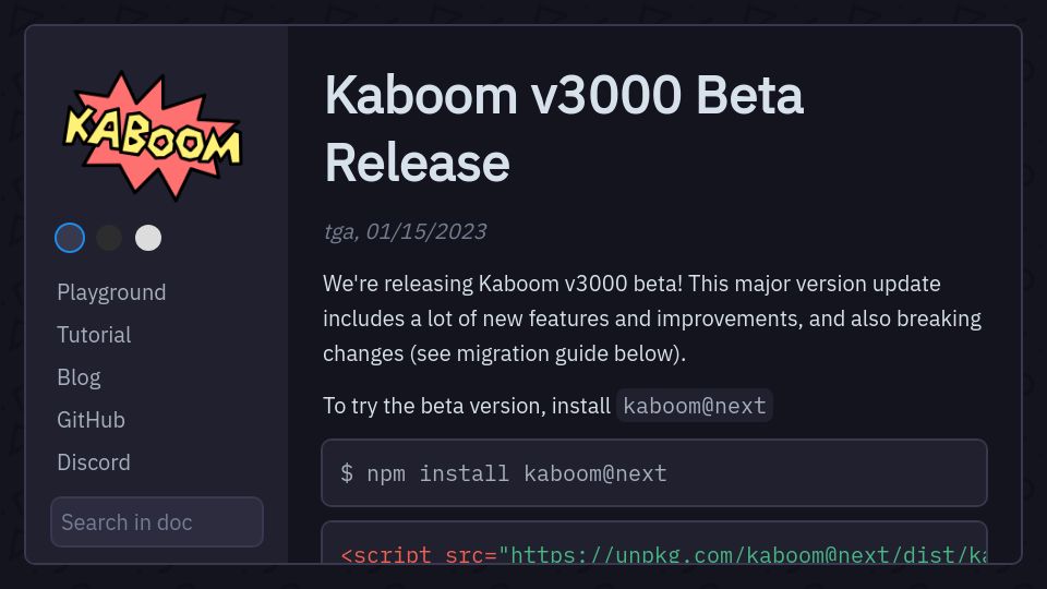 Screenshot of kaboomjs.com: Kaboom.js 3000