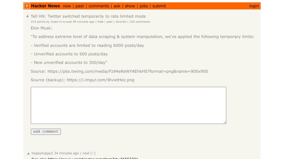 Screenshot of Hacker News post: Tell HN: Twitter switched temporarily to rate limited mode