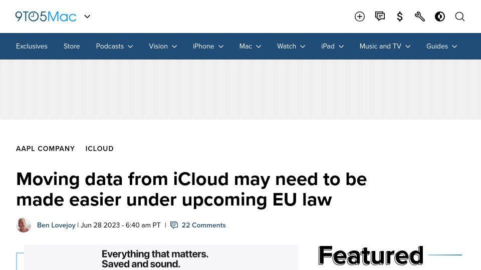 Screenshot of 9to5mac.com: Moving data from iCloud may need to be made easier, by EU law