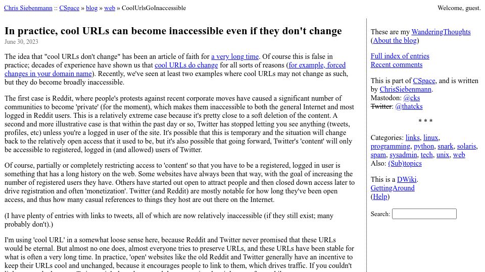 Screenshot of utcc.utoronto.ca: In practice, cool URLs can become inaccessible even if they don't change