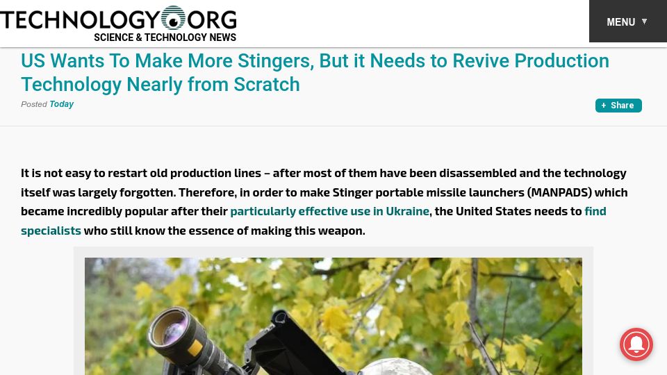 Screenshot of technology.org: To make more stingers, U.S. needs to revive production technology from scratch