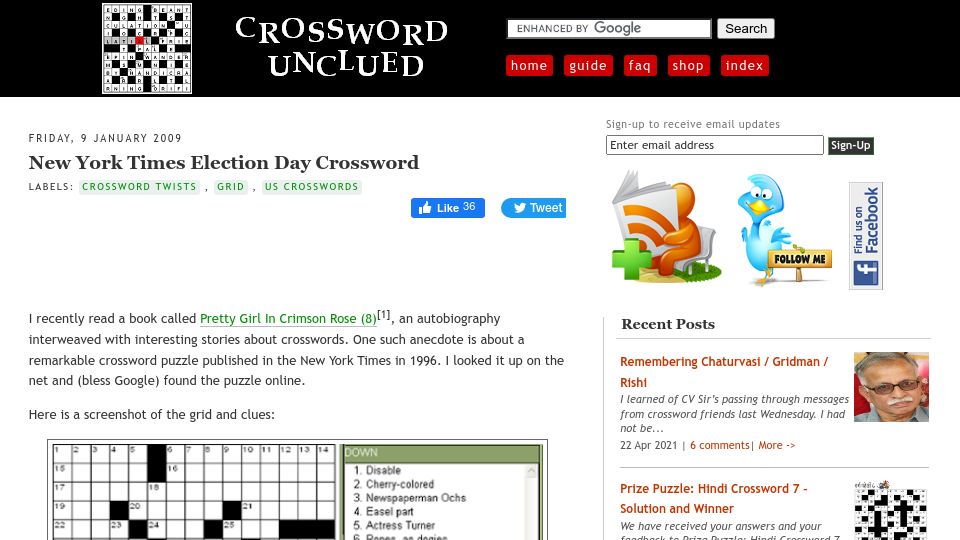 Screenshot of crosswordunclued.com: New York Times Election Day Crossword (2009)