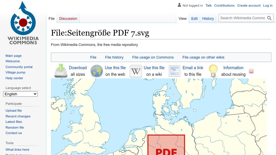 Screenshot of commons.wikimedia.org: Maximum size of a PDF, version 7: 381 km × 381 km