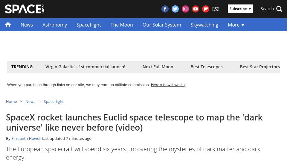 Screenshot of space.com: SpaceX rocket launches Euclid space telescope to map the 'dark universe'