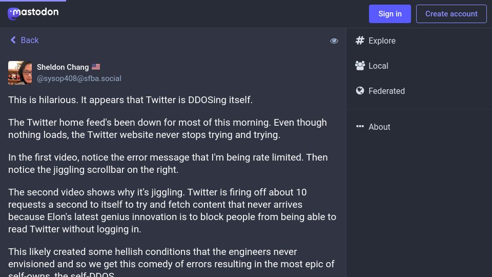 Screenshot of sfba.social: Twitter Is DDOSing Itself