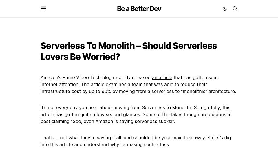 Screenshot of beabetterdev.com: Serverless to monolith – Should serverless lovers be worried?