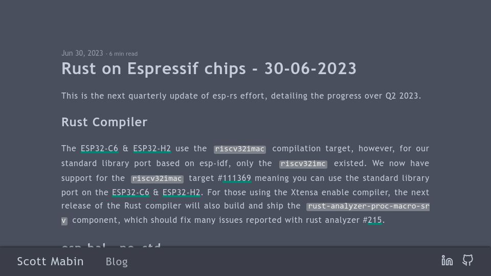 Screenshot of mabez.dev: Rust on Espressif chips