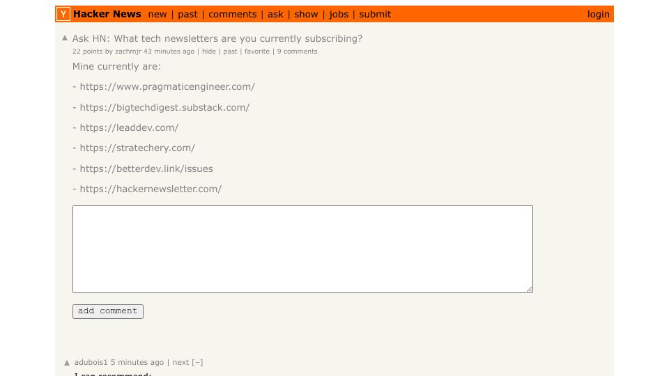Screenshot of Hacker News post: Ask HN: What tech newsletters are you currently subscribing?