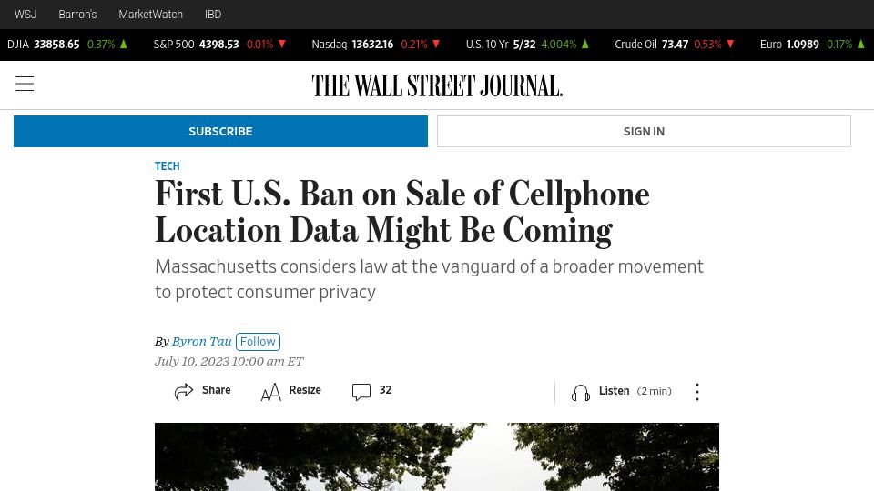 Screenshot of wsj.com: First U.S. ban on sale of cellphone location data might be coming