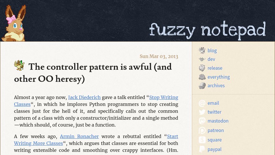 Screenshot of eev.ee: The controller pattern is awful, and other OO heresy (2013)