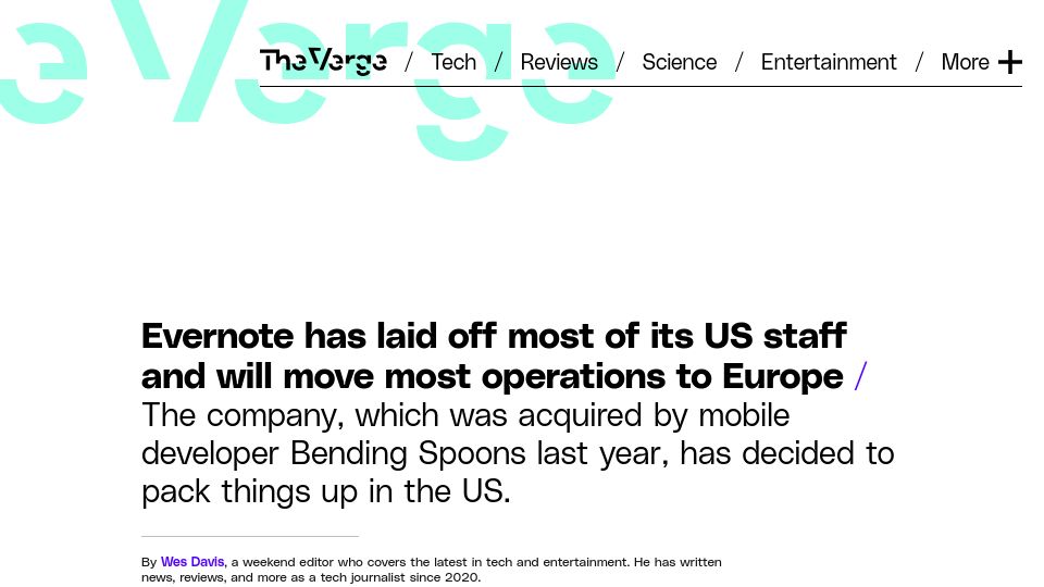 Screenshot of theverge.com: Evernote has laid off most of its US staff and will move operations to Europe