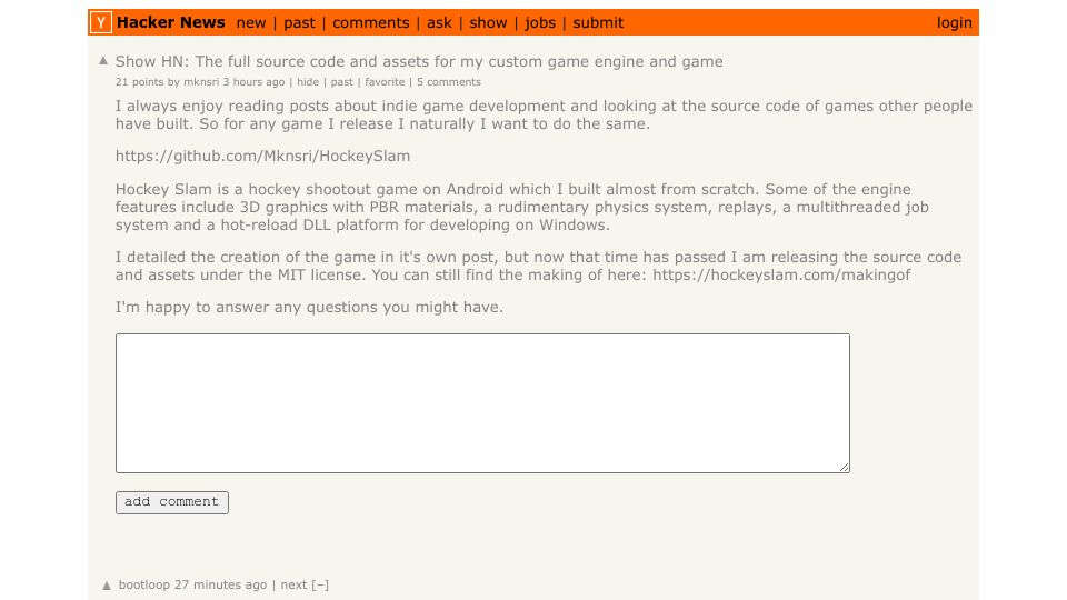 Screenshot of Hacker News post: Show HN: The full source code and assets for my custom game engine and game