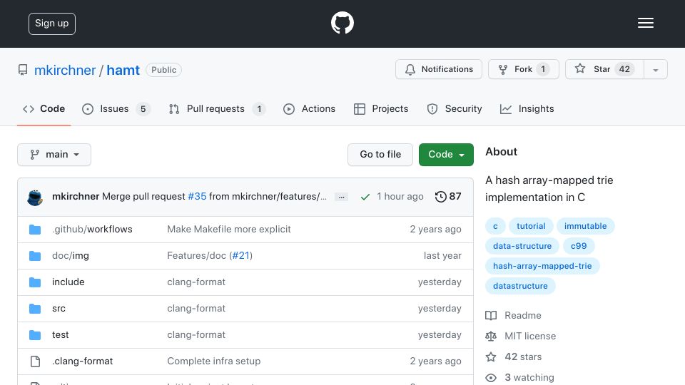 Screenshot of github.com: Show HN: A hash array-mapped trie implementation in C