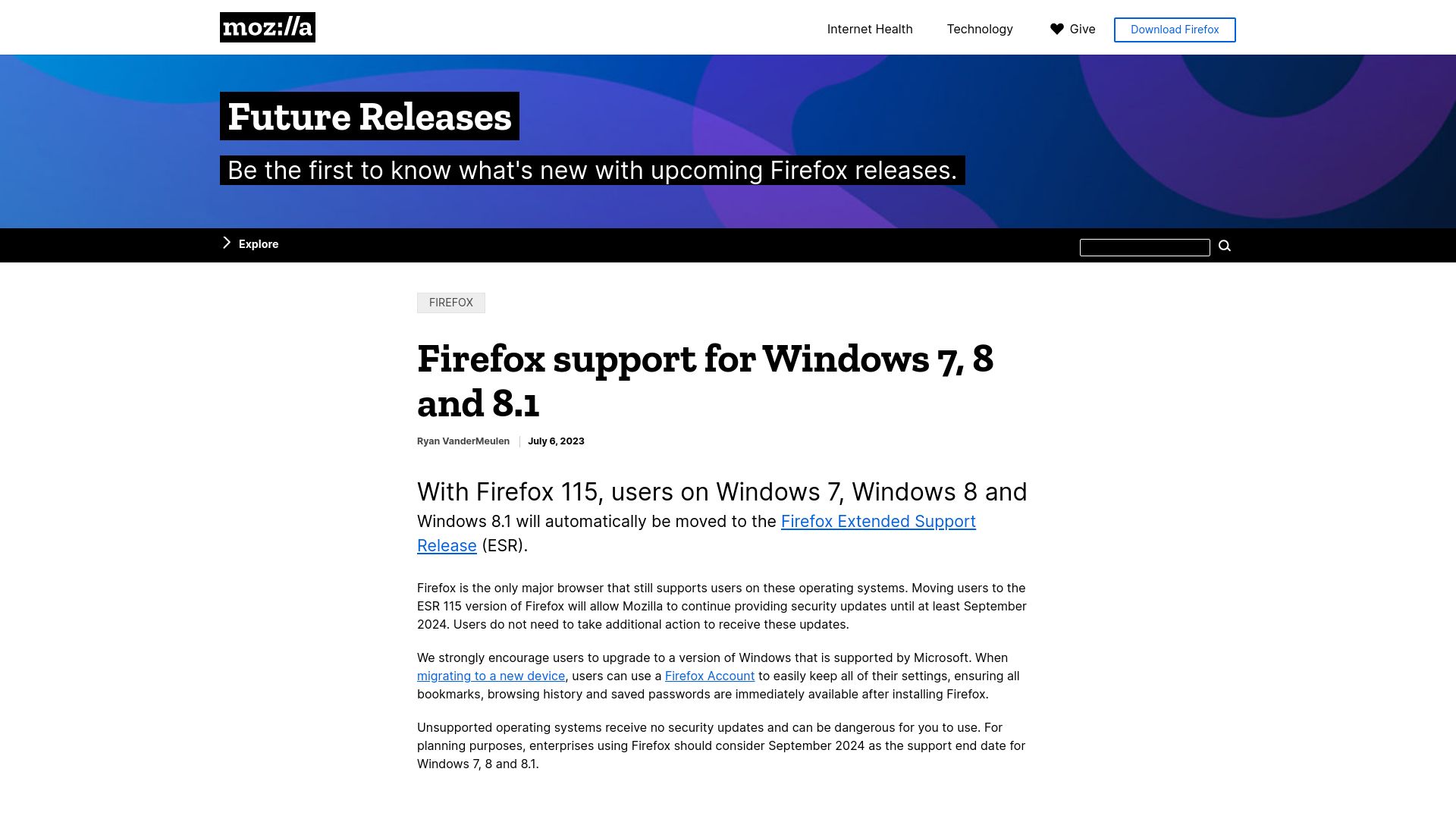 Screenshot of blog.mozilla.org: Mozilla ending support for Windows 7