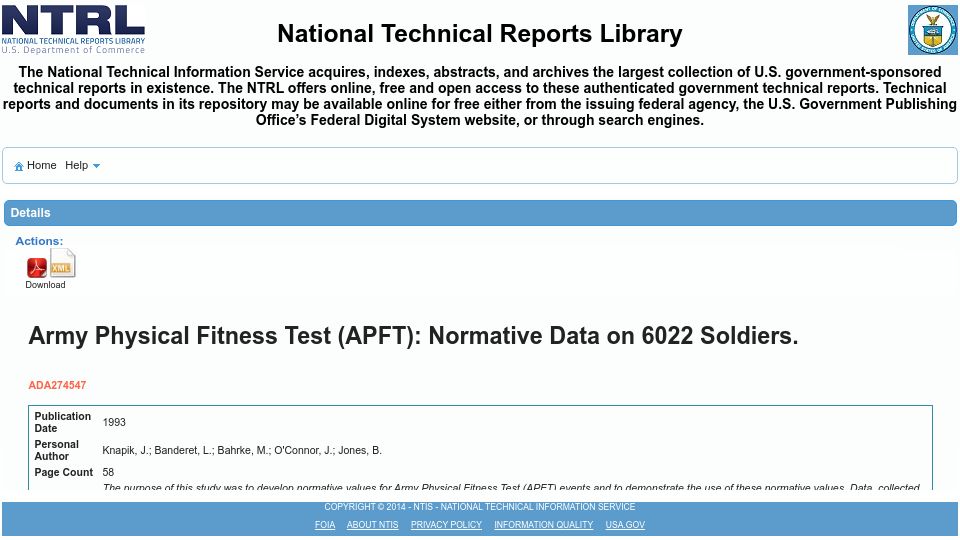 Screenshot of ntrl.ntis.gov: US Army Physical Fitness Test: Normative Data on 6022 Soldiers (1994)