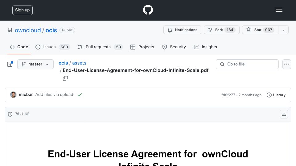 Screenshot of github.com: OwnCloud Infinite Scale added EULA that prohibits commercial use [pdf]